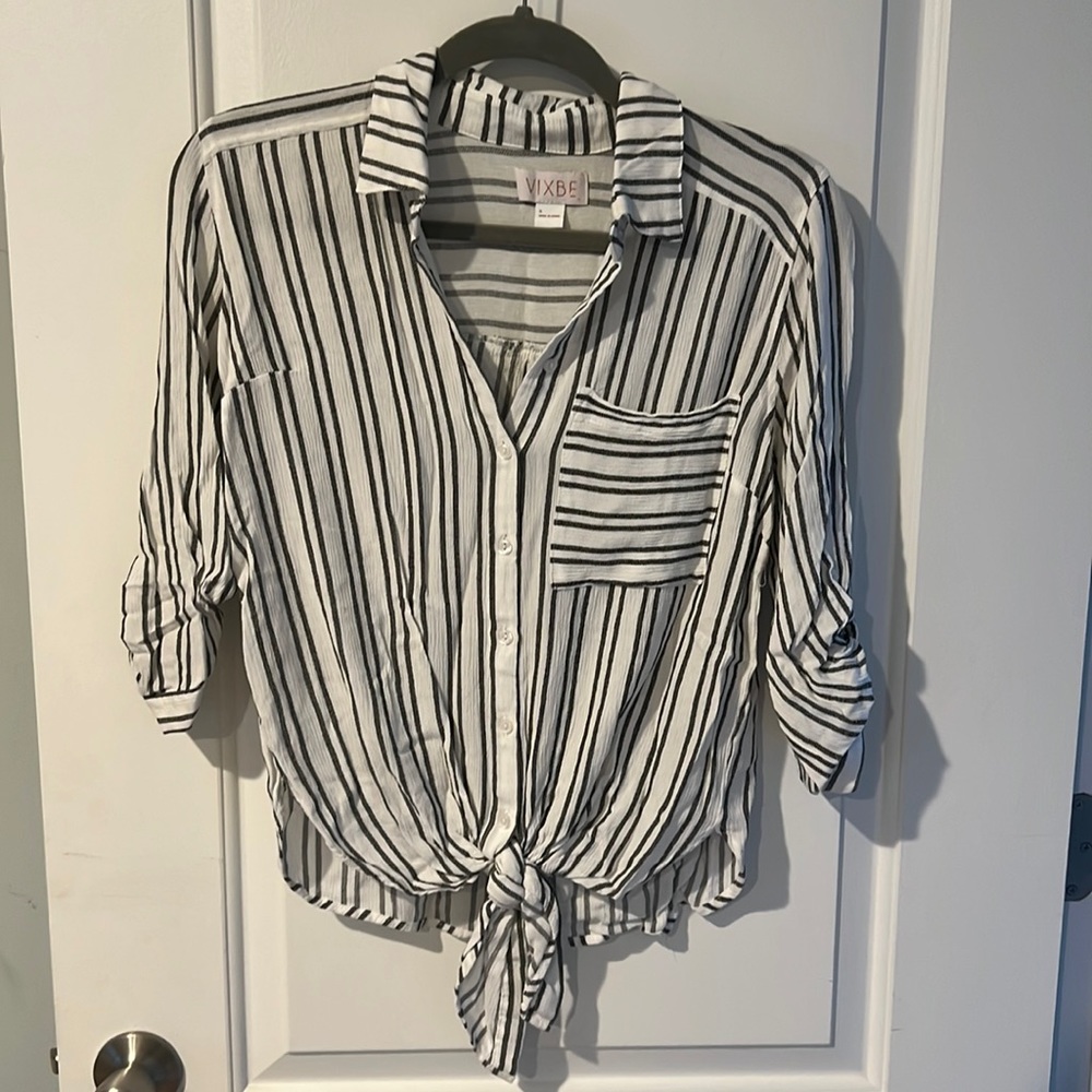 Striped tie front button down shirt